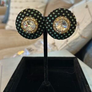 Clip earrings vintage 80’s polka dot fabric disks w/giant rhinestone centers.EUC